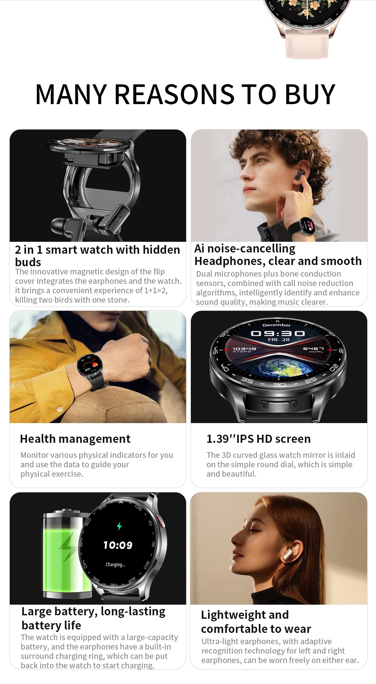 2025 New Smart Watch TWS 2-in-1 Bluetooth Earphones 1.39 inch Full Touch Screen HIFI 9D Sound Quality Sports Health Monitoring