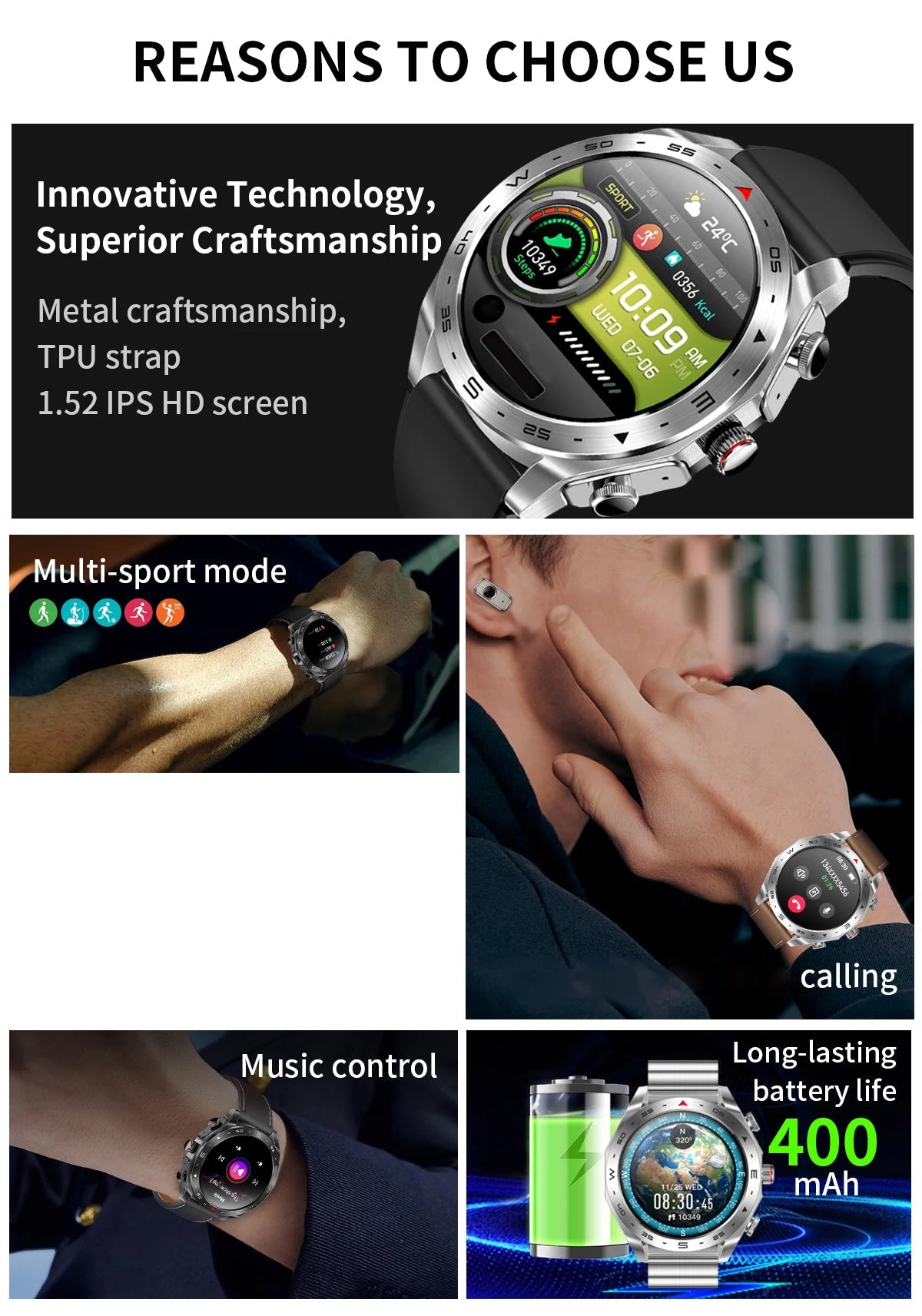 Men's super smart watch with 400mAh large battery and stainless steel body sturdy and durable with Bluetooth calling function
