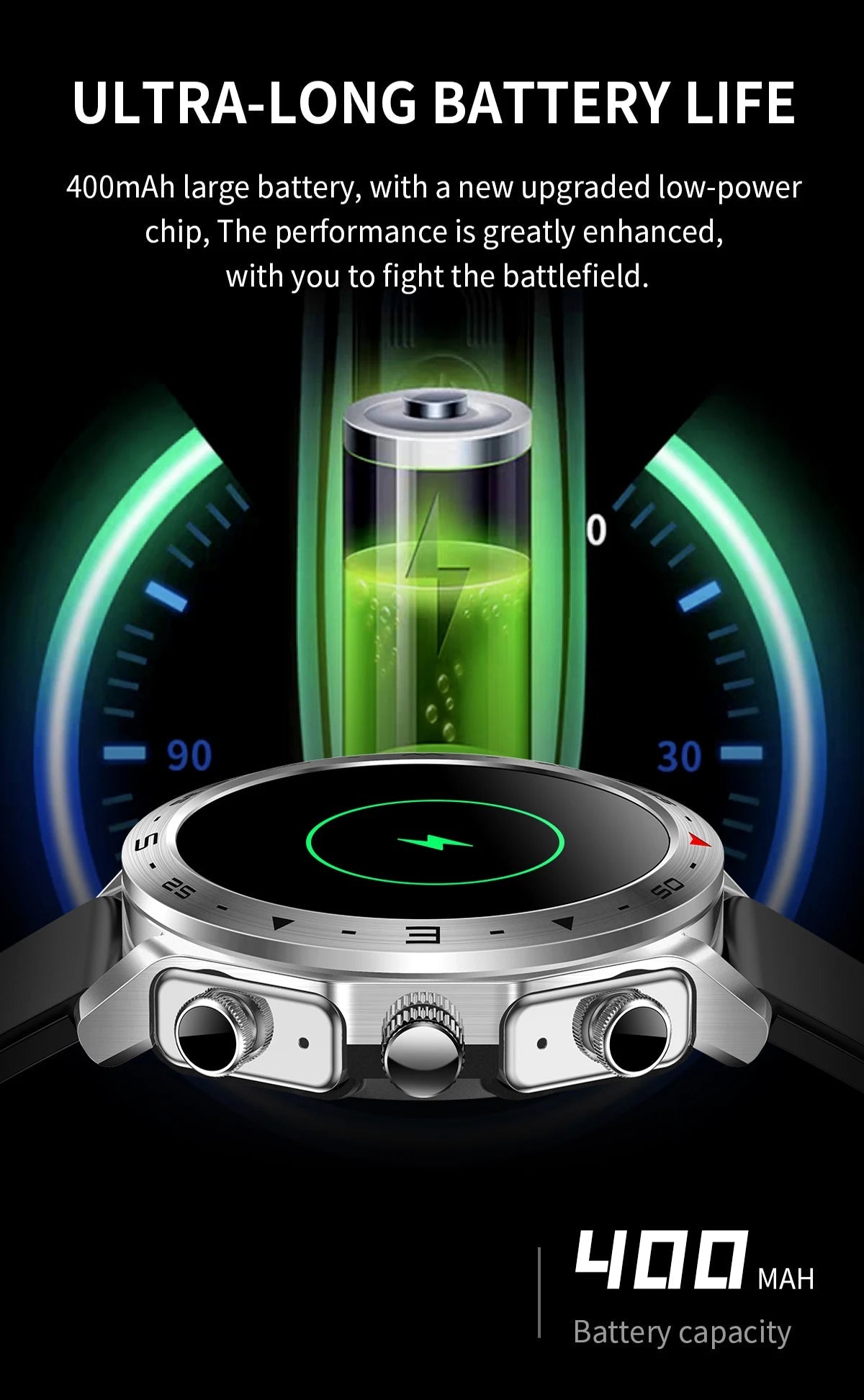 Men's super smart watch with 400mAh large battery and stainless steel body sturdy and durable with Bluetooth calling function